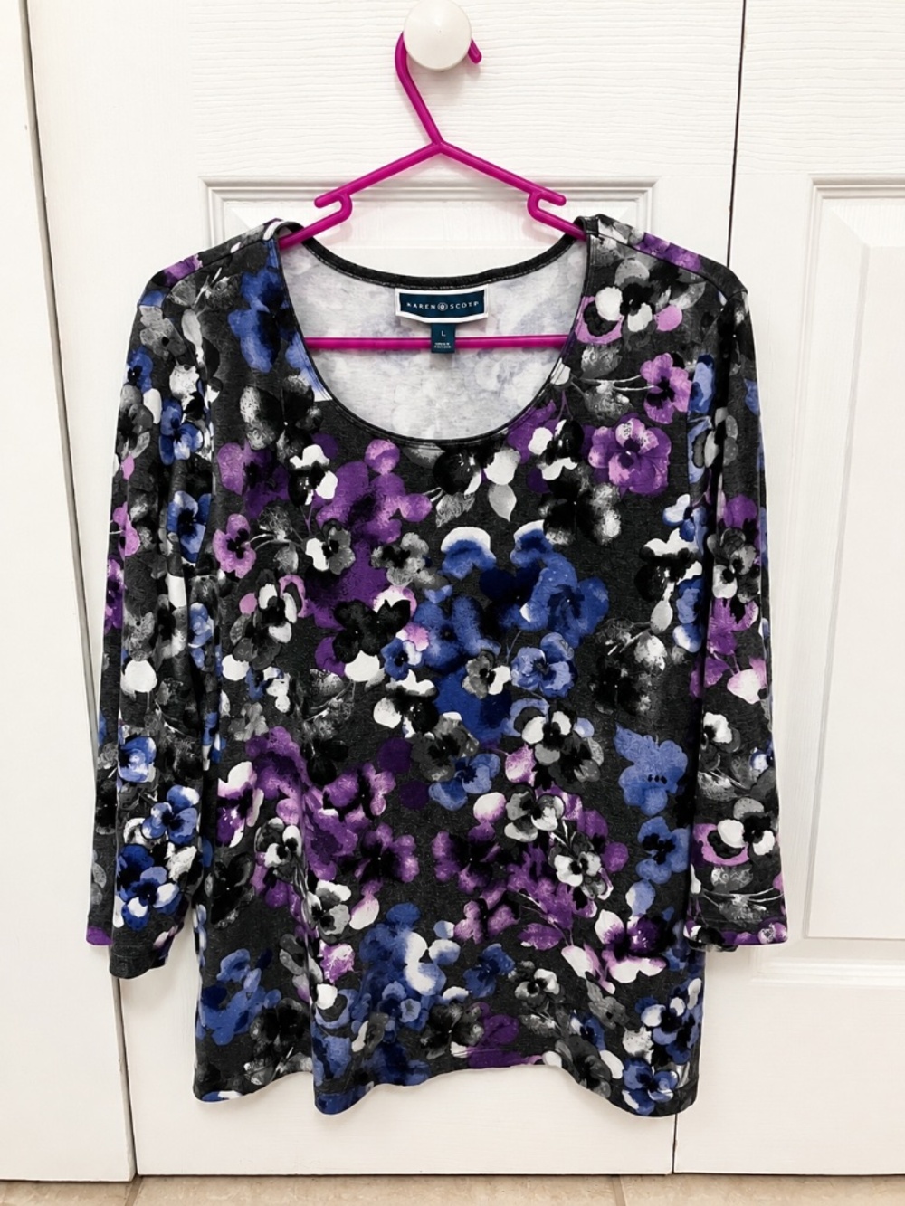 Karen Scott Floral Top Large Purple Blue 3/4 Sleeve Scoop Neck